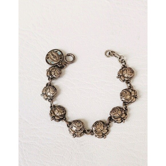 VINTAGE ANTIQUE STERLING SILVER ROSES AND SAINTS CATHOLIC MEDAL BRACELET 6.5" - Picture 2 of 10